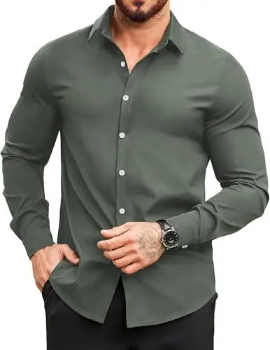 Produktbild: COOFANDY Herren Langarm Hemden Button Down Shirts Casual Freizeithemd Regular Fit Stehkragenhemd Grün S