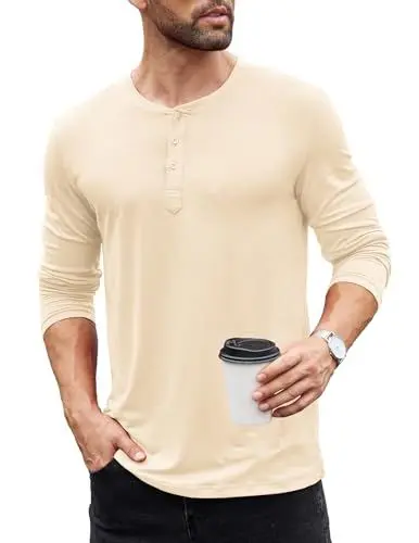 Produktbild: COOFANDY Herren Langarmshirt Long Sleeve Shirt Henley Casual T-Shirts Langarm Button Herrenshirt Unterhemd Pulli Creme Farbe L