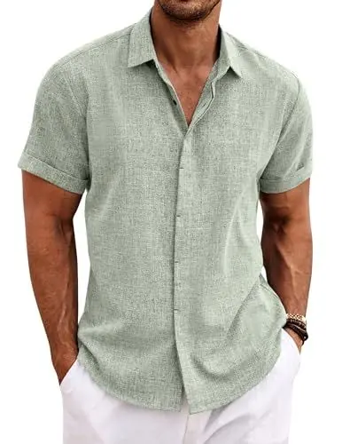 Produktbild: COOFANDY Herren Leinenhemd Sommer Casual Freizeithemd Kurzarm Button down Leinen Shirt Regular Fit Hemd Hellgrün XXL