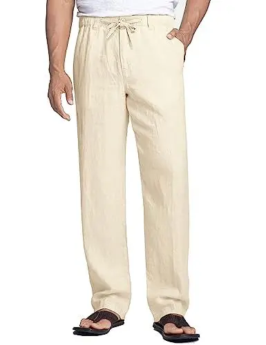 Produktbild: COOFANDY Herren Leinenhose mit Kordelzug Leicht Sommerhose Freizeithose Einfarbig Strandhose Herren Schlupfhose Lang Sommer Herrenhose Lange Urlaub helles Khaki XL
