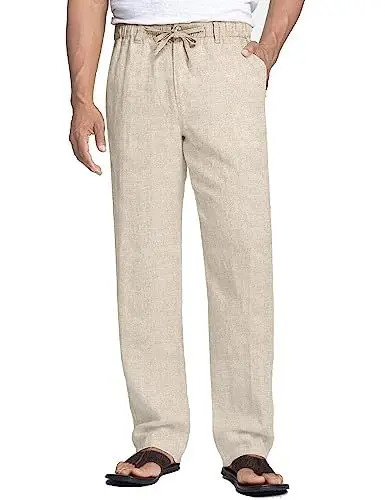 Produktbild: COOFANDY Herren Leinenhose mit Kordelzug Leicht Sommerhose Strandhose Leinen Herren Hose Lang aus Baumwol Einfarbig für Männer Taillenhose Khaki M