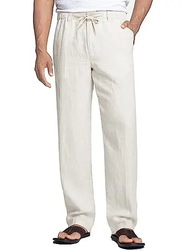 Produktbild: COOFANDY Herren Leinenhose mit Kordelzug Leicht Sommerhose Yogahose Seitetasche Strandhose Herren Hose Lang Männer Lounge-Hose Weiß L