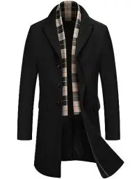 Produktbild: COOFANDY Herren Mantel Wintermantel Winterjacke Trenchcoat Windjacke Reversjacke Herrenmantel mit Abnehmbaren Karierten Schals Männer Warmer Wollmantel Übergangsmantel Schwarz L