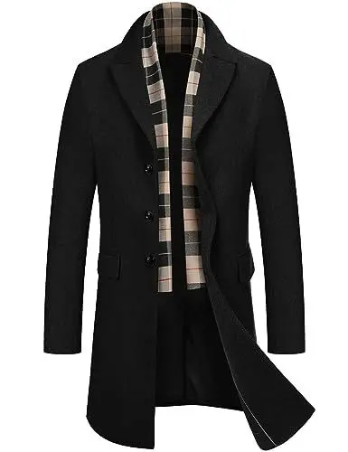 Produktbild: COOFANDY Herren Mantel Wintermantel Winterjacke Trenchcoat Windjacke Reversjacke Herrenmantel mit Abnehmbaren Karierten Schals Männer Warmer Wollmantel Übergangsmantel Schwarz L