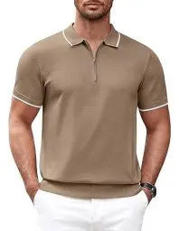 Produktbild: COOFANDY Herren Polo Shirts mit Reißverschluss Poloshirt Kurzarm Regular Fit Polohemd Sommer Polo Shirt Golf Sommer T Shirt Khaki L