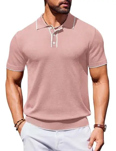 Produktbild: COOFANDY Herren Poloshirt Strick Polo Shirt Kurzarm Sommer Freizeit Polo Casual Golf Polohemd mit Knopfleiste Rosa M