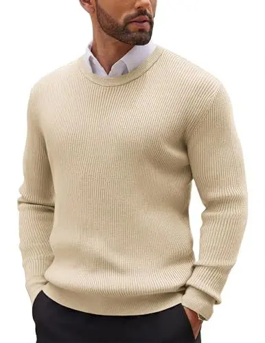 Produktbild: COOFANDY Herren Pullover Feinstrick Rundhals Strickpullover Sweater Langarm Pullover Trendy Langarmshirt Schmale Ribbed Pulli Cremebeige XL