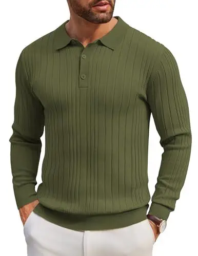 Produktbild: COOFANDY Herren Pullover Mit Polokragen Strick Polo Pullover Langarmshirt Strickpullover Regular Fit Männer Pulli Winterpullover Basic Einfarbig Armeegrün 3XL