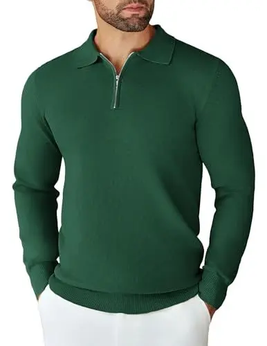 Produktbild: COOFANDY Herren Pullover Polo Kragen Strickpullover Half Zip Feinstrick Sweater Männer Pullover Arbeitspullover Einfarbig Pulli Shirts Brightgrün M