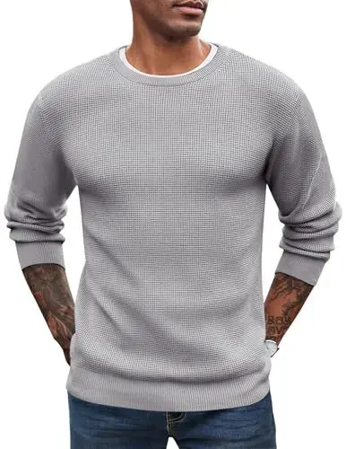 Produktbild: COOFANDY Herren Pullover Strickpullover mit Rundhals Langarm Feinstrick Waffelstruktur Pulli Freizeit Slim fit Winterpullover Hellgrau L