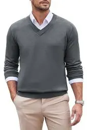 Produktbild: COOFANDY Herren Pullover V Ausschnitt Strickpullover Langarm Feinstrick Pullover Business Pullover Modern Fit Winterpullover Warmer Sweater Einfarbig Grau XXL