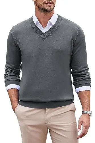 Produktbild: COOFANDY Herren Pullover V Ausschnitt Strickpullover Langarm Feinstrick Pullover Business Pullover Modern Fit Winterpullover Warmer Sweater Einfarbig Grau XXL