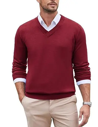 Produktbild: COOFANDY Herren Pullover V Ausschnitt Sweater Pulli Strickpullover Slim Fit Business Casual Pullover Langarm Winter Strickpulli Feinstrickpullover Weinrot M