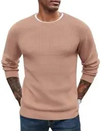 Produktbild: COOFANDY Herren Pullover Winter Modern Strickpullover Waffle Ohne Kapuze Sweatshirt mit Rundhalsausschnitt Winterpullover Helles Khaki XL