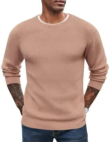 Produktbild: COOFANDY Herren Pullover Winter Modern Strickpullover Waffle Ohne Kapuze Sweatshirt mit Rundhalsausschnitt Winterpullover Helles Khaki XL