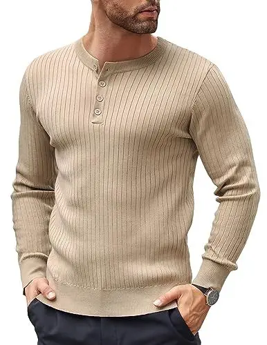 Produktbild: COOFANDY Herren Pullover mit Knopfleiste Henley Strickpullover Leichter Herren Pullover Männer Pulli Regular Fit Khaki L