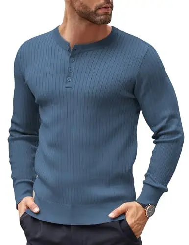 Produktbild: COOFANDY Pullover Rundhals mit Knöpfe Henley Strickpullover Langarm Business Pullover Feinstrick Männer Pulli Dunkelblau XL