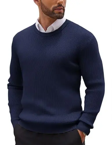Produktbild: COOFANDY Herren Pullover mit Rundhals Strickpullover Männer Business Pullover Schmale Ribbed Sweater Trendy Pulli Blauviolett L