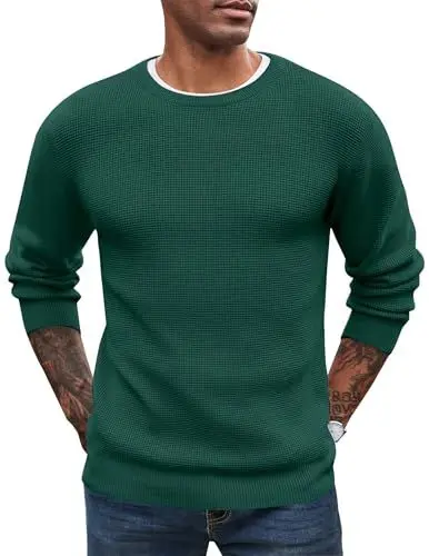 Produktbild: COOFANDY Herren Pullover mit Rundhalsausschnitt Waffle Strickpullover Basic Winter Feinstrick Männer Pulli Sweater Grün L