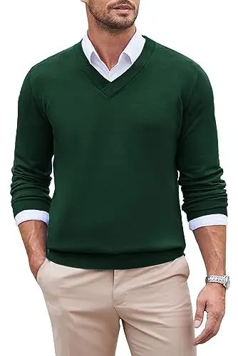 Produktbild: COOFANDY Herren Pullover mit V Ausschnitt Strickpullover Regular Fit V Neck Sweater Langarm Business Pullover Winter Strickpulli Einfarbig Basic Pullover Grün XL