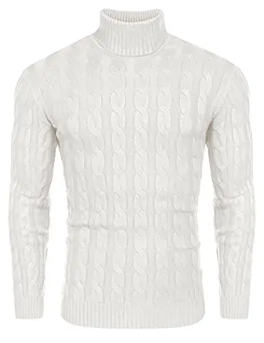 Produktbild: COOFANDY Herren Pullover Rollkragen Strickpullover Zopf Pullover Slim Fit Rollkragenpullover Warme Sweater Winter Basic Weiß S