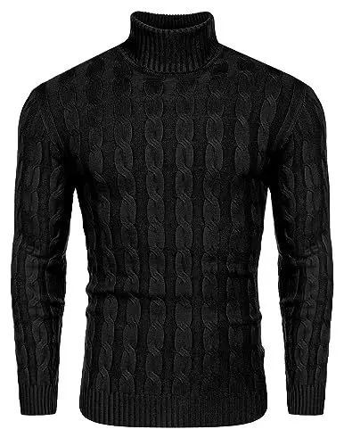 Produktbild: COOFANDY Herren Rollkragen Pullover Zopftmuster Strickpullover Basic Langarm Sweatshirt Feinstrick Sweater Slim Fit Männer Pullover Schwarz M