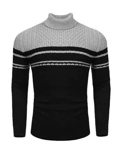 Produktbild: COOFANDY Herren Rollkragenpullover Turtleneck Strickpullover Rollkragenpulli Herrenpullover Langarm Winter Pullover Warme Rolli Rollkragen Pulli Streifen-b M