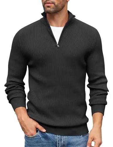 Produktbild: COOFANDY Herren Rollkragenpullover Zip Pullover Strickpullover Langarm Warm Winterpullover Rollkragenpulli Solid Arbeitspulli Thermo Pullover Männer Pullover Schwarz L