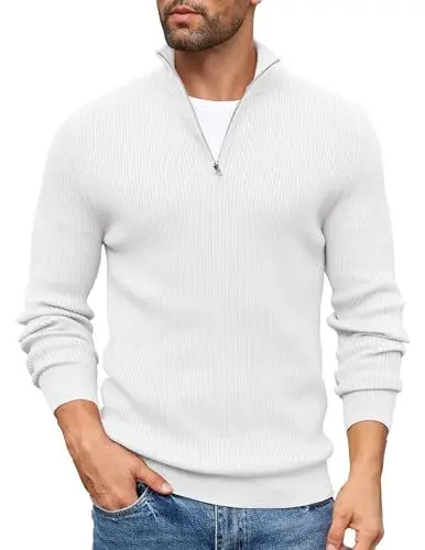 Produktbild: COOFANDY Herren Rollkragenpullover Zip Pullover Strickpullover Langarm Warm Winterpullover Rollkragenpulli Solid Arbeitspulli Thermo Pullover Männer Pullover Weiss XL