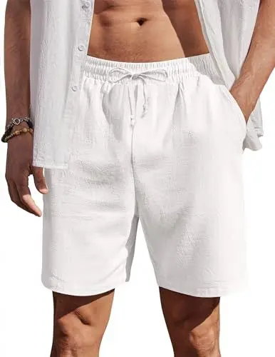 Produktbild: COOFANDY Herren Shorts Kurz Hosen Baumwolle Sommer Freizeithose Gummizug Regular Leinen Shorts mit Tunnelzug Weiß XL