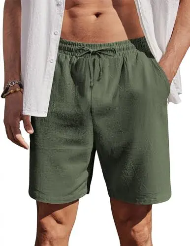 Produktbild: COOFANDY Herren Shorts Sommer Kurz Leinen Hosen mit Tunnelzug Regular Fit Einfarbig Atmungsaktiv Strand Casual Shorts mit Taschen Grün M