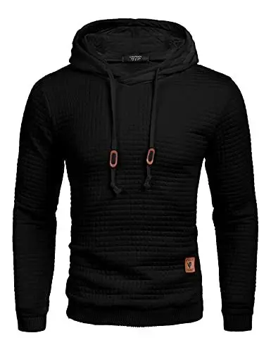 Produktbild: COOFANDY Herren Kapuzenpullover Hipster Gym Langarm Arbeitspullover Kordelzug Karierten Jacquard Pullover Hoodies Schwarz M