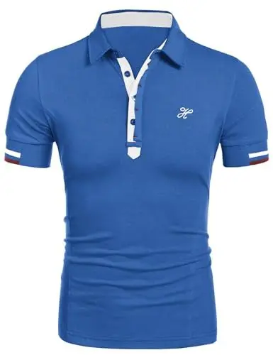 Produktbild: COOFANDY Poloshirt für Herren Kurzarm Polohemd V-Ausschnitt Slim Fit Shirt Golf leichtes Hemd-Kragen-Polo Blau XL