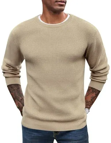 Produktbild: COOFANDY Herren Strickpullover mit Rundhals Einfarbig Langarm Waffel Winter Warm Männer Pullover Khaki M