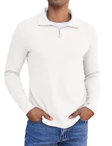 Produktbild: COOFANDY Herren Sweatshirt mit Reißverschluss Troyer Longsleeve Polo Pullover Poloshirt Herren Langarm Half Zip Langarmshirts Winter Männer Langarm Pulli Sweater Troyer Weiß L