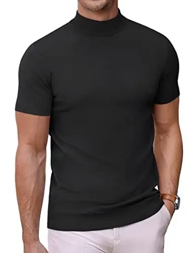 Produktbild: COOFANDY Herren T-Shirt Rollkragen Kurzarm Slim Fit T Shirt Mit Stehkragen Halb Kragen Männer Strick Schwarz M