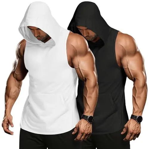 Produktbild: COOFANDY Herren Tank Top Muskelshirts Fitness Shirts Ärmelloser Hoodie Workout Sport Fitness Unterhemden Kapuzenpullover mit Handytaschen Schwarz/Weiss(2 Stück) M