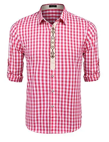 Produktbild: COOFANDY Hemd Herren Langarm Kariertes Hemd Oktoberfest Trachtenhemd Herrenhemden Kariert Hemden Freizeithemd Karohemden Businesshemd Rot 3XL