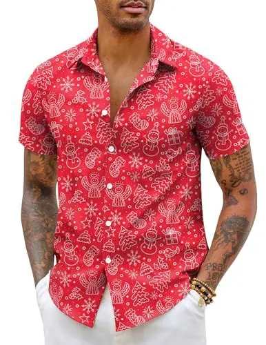 Produktbild: COOFANDY Weihnachten Hemd Herren Weihnachtsshirt 3D Druck Weihnachts Freizeithemd Weihnachtshemd Weihnachtsmann Hemd Funky Christmas Print Christmas Freizeithemd Rotwein XL