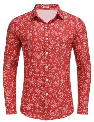 Produktbild: COOFANDY Herren Weihnachts Hemd Langarmhemd Weihnachtsdruck Weihnachtshemd Lustige Funky Hemden Print Hemd Freizeithemd Weihnachtsmann Muster Xmas Hemd Weihnachten Rot XL