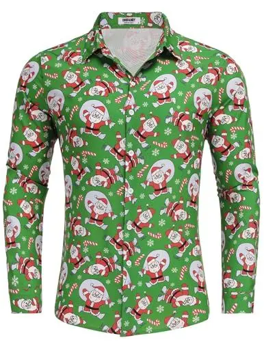 Produktbild: COOFANDY Herren Weihnachtshemd 3D Bedruckte Weihnachts Hemd Freizeithemd mit Festlichem Design Festival Hemd Weihnachtsmotiv Funky Weihnachts Shirt Langarm Weihnachten Grün XL