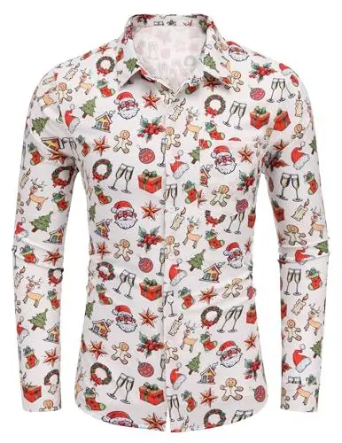 Produktbild: COOFANDY Herren Weihnachtshemden Weihnachten Muster 3D Bedruckte Hemd Langarm Christmas Shirt Funky Christmas Print Freizeithemd Casual Slim Fit Weiß XXL