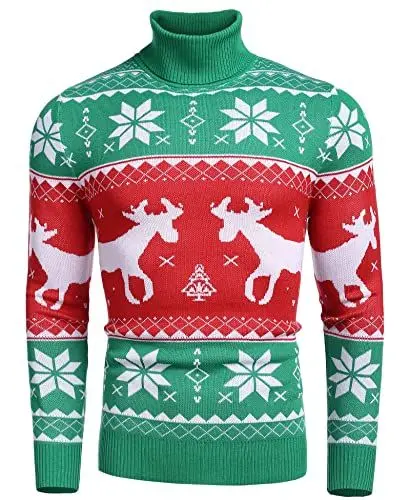 Produktbild: COOFANDY Herren Weihnachtspullover Rollkragenpullover Christmas Sweater Pullover mit Rundhalsausschnitt Norwegerpullover Weihnachtsgrün S