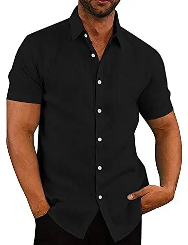 Produktbild: COOFANDY Herren Hemd Kurzarm Leinenhemd Leicht Sommerhemd Freizeithemden Kurzarmhemd Sommer Hemden Strandhemd Casual Urlaubshemd Businesshemd Schwarz L
