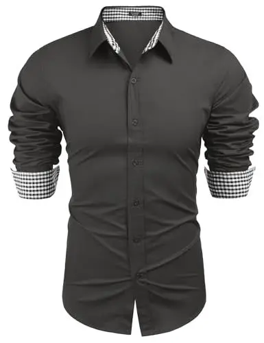 Produktbild: COOFANDY Herrenhemden Langarm Regular Fit Hemd Casual Button Down Freizeithemd Business Hemd Kariert Anzug Partyhemd Oberhemden Dunkelgrau M