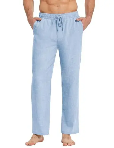 Produktbild: COOFANDY Hose Herren Leinenhose Lang Sommerhose Elastischer Bund Schlupfhose Freizeithose mit Kordelzug Strandhosen Gemütliche Stoffhose Holiday Hose Hellblau S