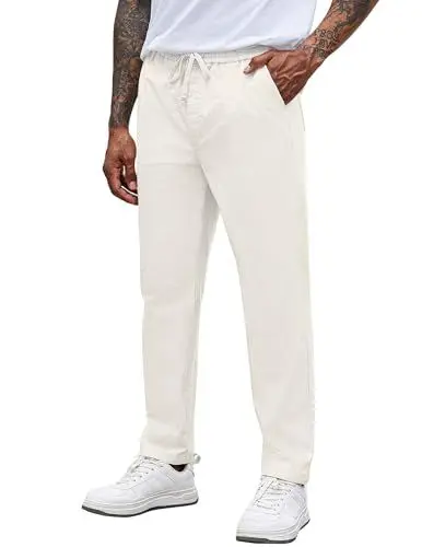 Produktbild: COOFANDY Herren Chino Hose Regular Fit Schlupfhose Stoffhose Kordelzug aus Baumwolle Hose Lang für Männer Lange Dünne Hosen Sommerhose Weiß 2XL