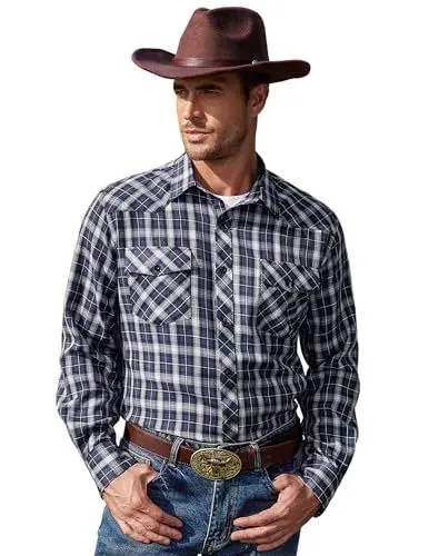 Produktbild: COOFANDY Kariertes Hemd Herren Hemden Cowboy Herrenhemd Freizeithemd Herren Langarm Arbeitshemden Regular Fit Dunklblau S