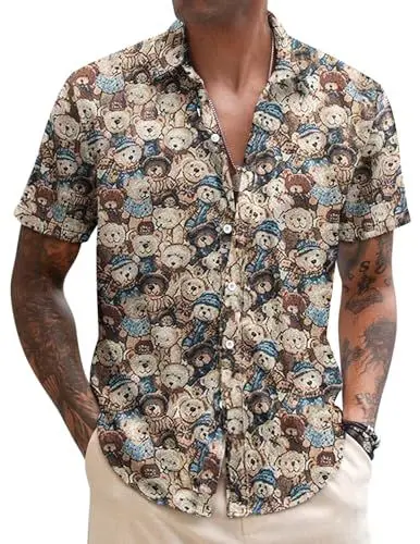 Produktbild: COOFANDY Kurzarm Hawaiihemd Herren Regular Fit Strandhemd Blumen Shirt Urlaub Button Down Bügelfrei PAT8 XL