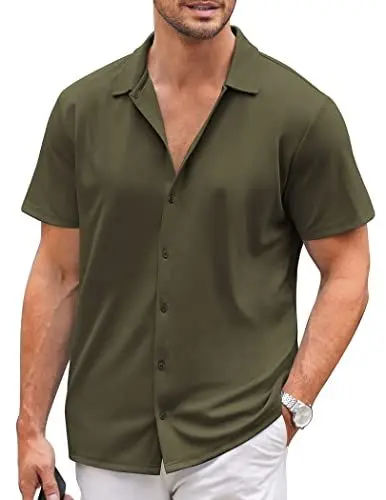 Produktbild: COOFANDY Herrenhemden, kurzärmelig, Sommer, bügelfrei, lässig, normale Passform, Button-Down-Shirt, Stretch, einfarbig, Strand-Top, armee-grün, XL